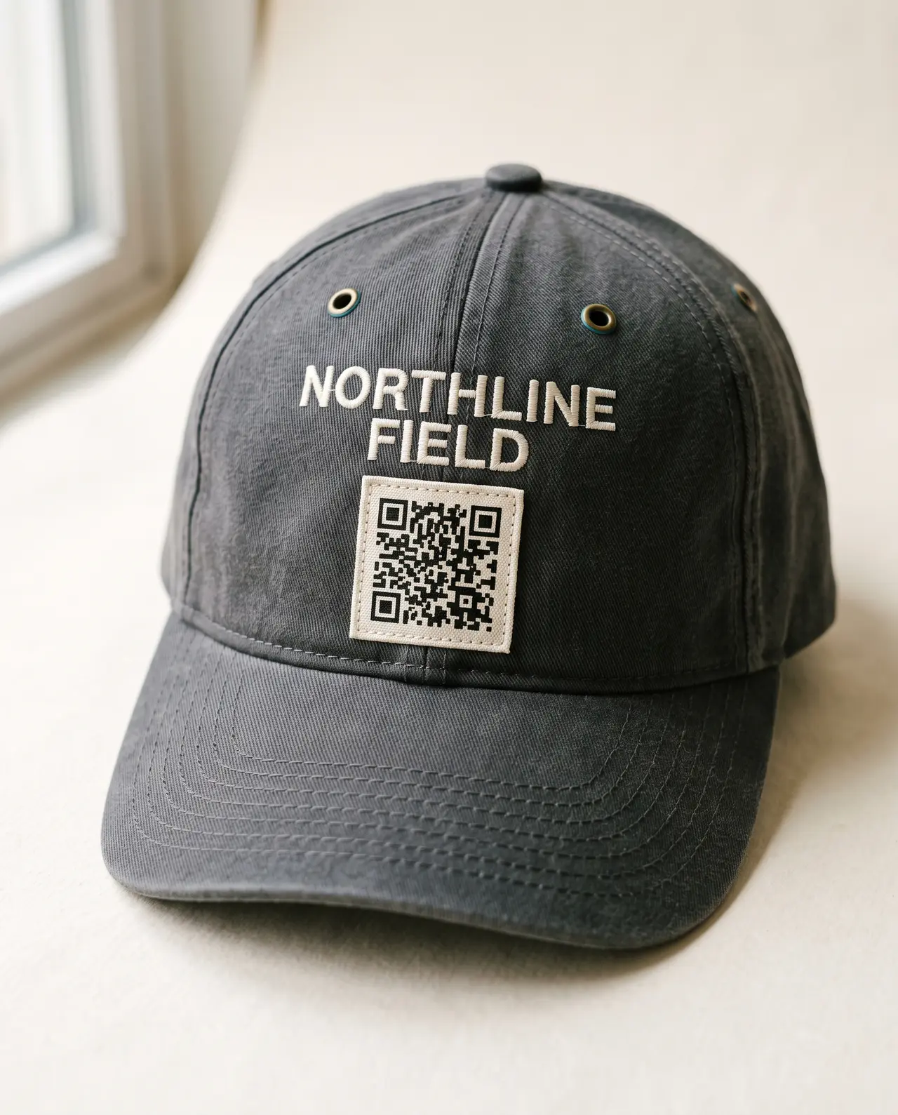 Hat with embroidered mark and profile QR patch