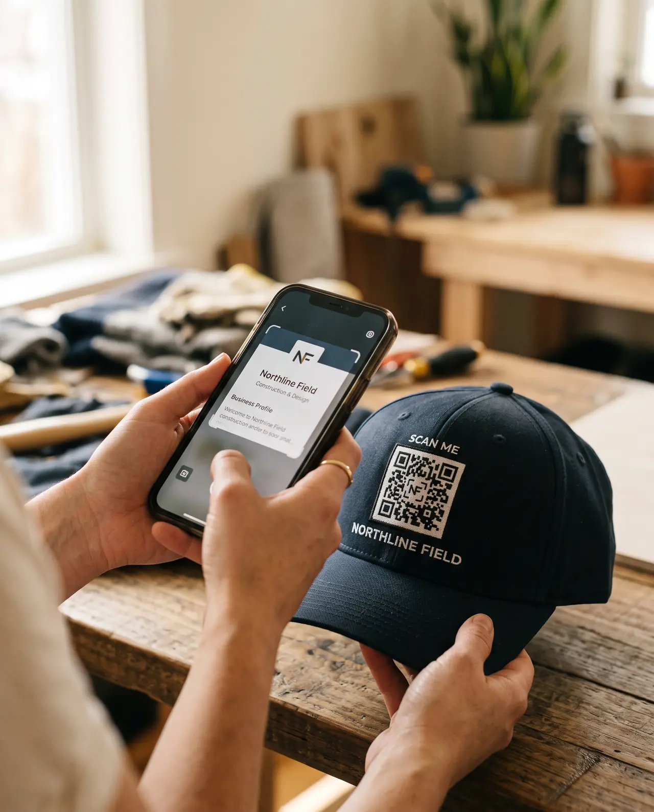 Phone scanning branded gear QR toward a profile