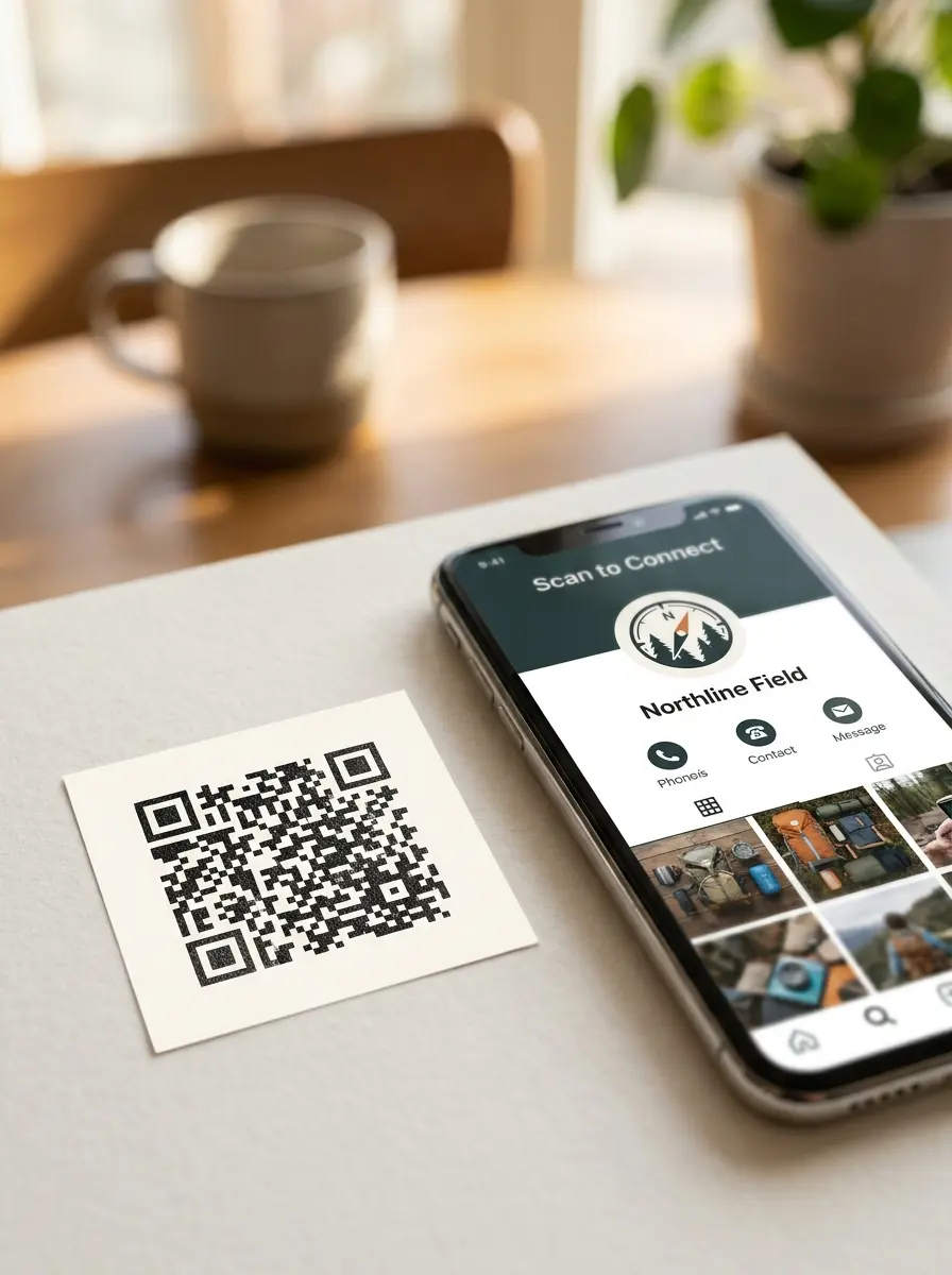 Campaign QR code beside a phone showing a rich business profile destination