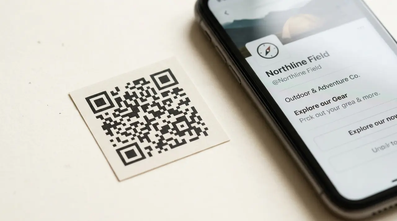 Campaign QR code beside a phone showing a rich business profile destination