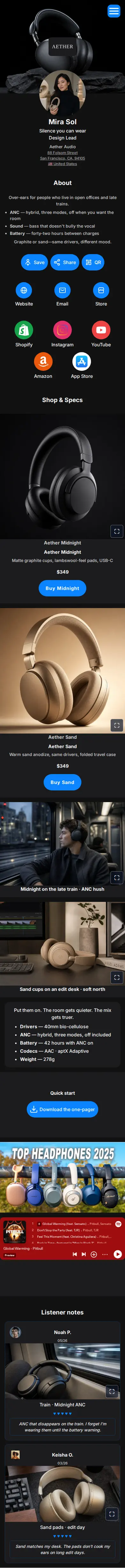 Scrollable preview of the Aether Headphones sample profile