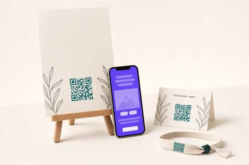 Multi-placement event QR kit for invitations, signs, and badges