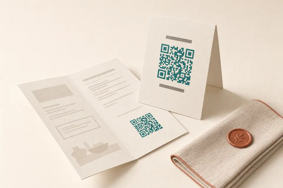 Restaurant table tent showing a scannable menu profile QR